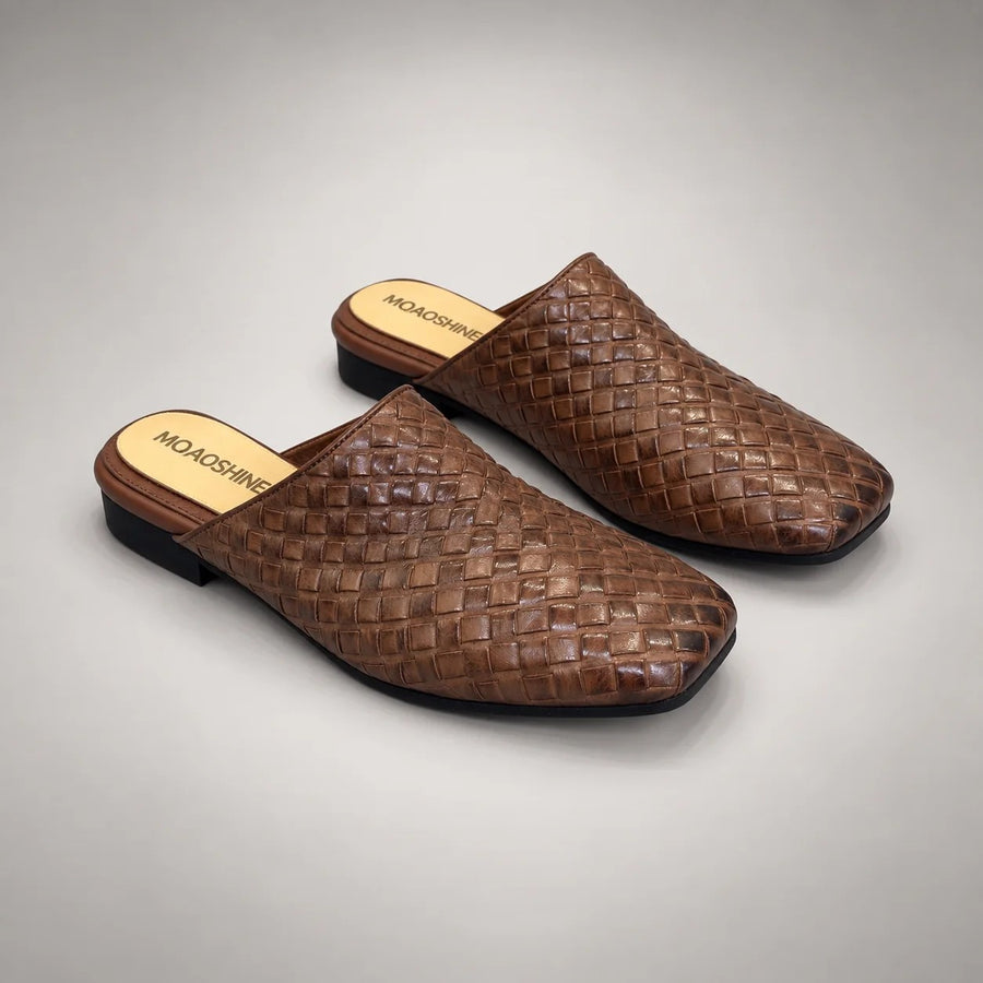 Brown Washed Cowhide Woven Pointed-Toe Mules