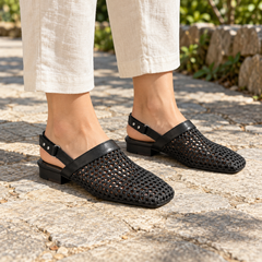Black Horse Leather Woven Mesh Slingback Flats on foot