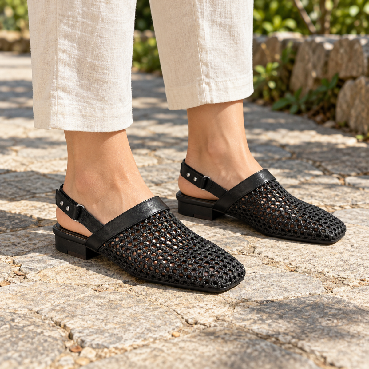 Black Horse Leather Woven Mesh Slingback Flats on foot