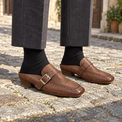 Brown Horse Leather Buckle Whipstitch Mules on foot