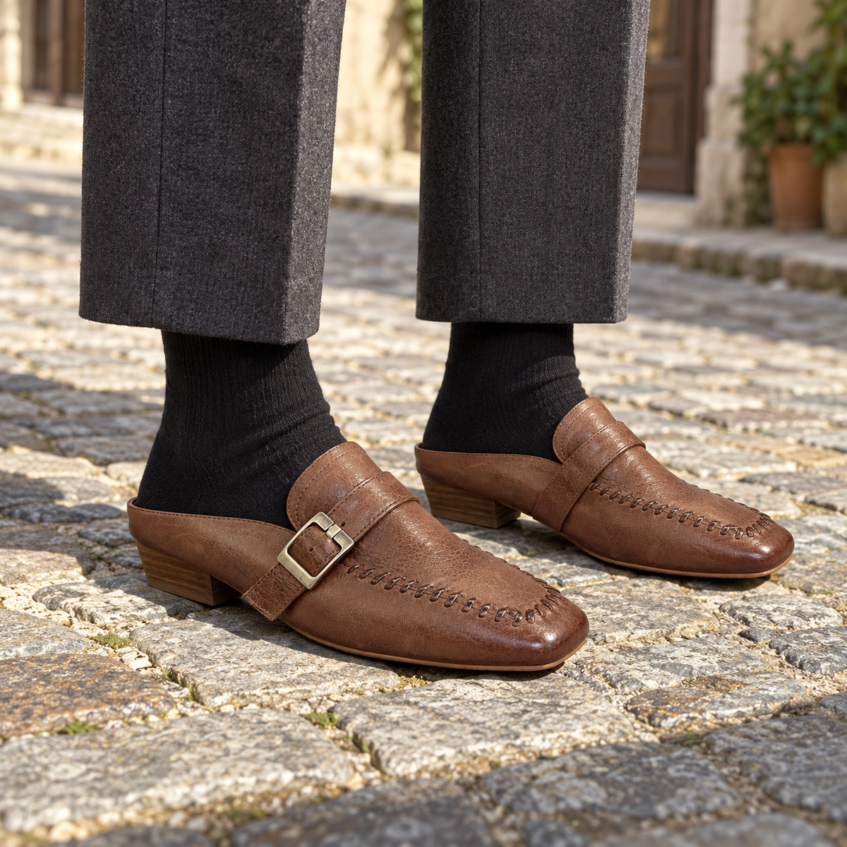 Brown Horse Leather Buckle Whipstitch Mules on foot
