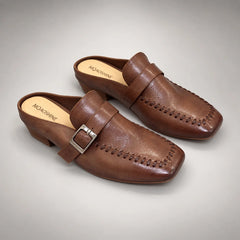 Brown Washed Cowhide Buckle Whipstitch Mules