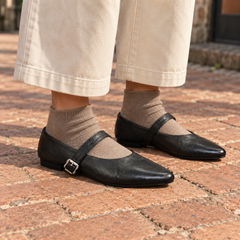 Black Horse Leather Buckle Mary Jane Flats on foot