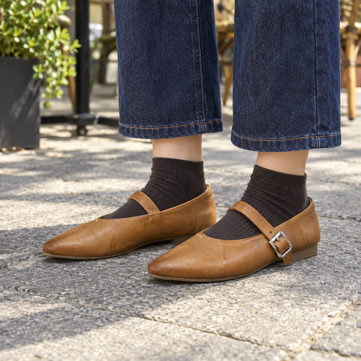 Brown Horse Leather Buckle Mary Jane Flats on foot