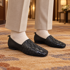 Black Horse Leather Woven Square-Toe Loafers on foot