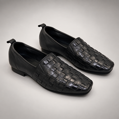 Black Horse Leather Woven Square-Toe Loafers product view 8