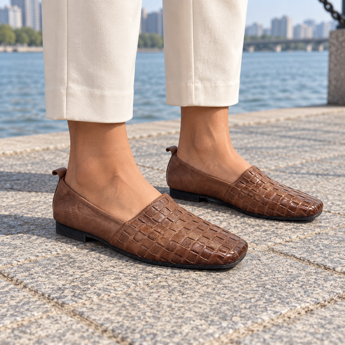 Brown Horse Leather Woven Square-Toe Loafers on foot