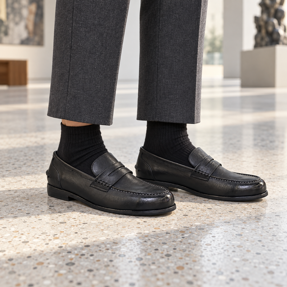 Black Horse Leather Penny Loafers on foot