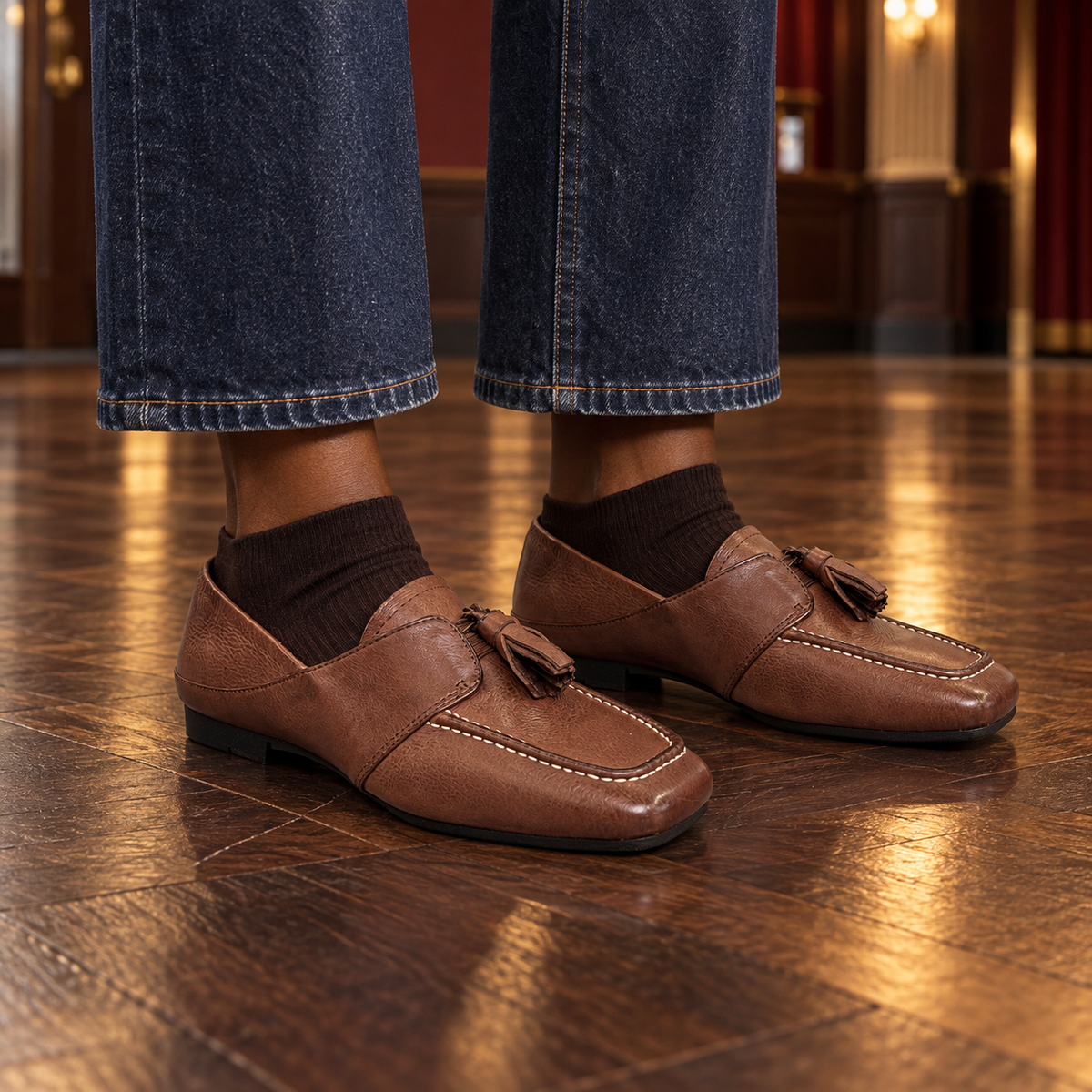 Brown Horse Leather Tassel Loafers on foot
