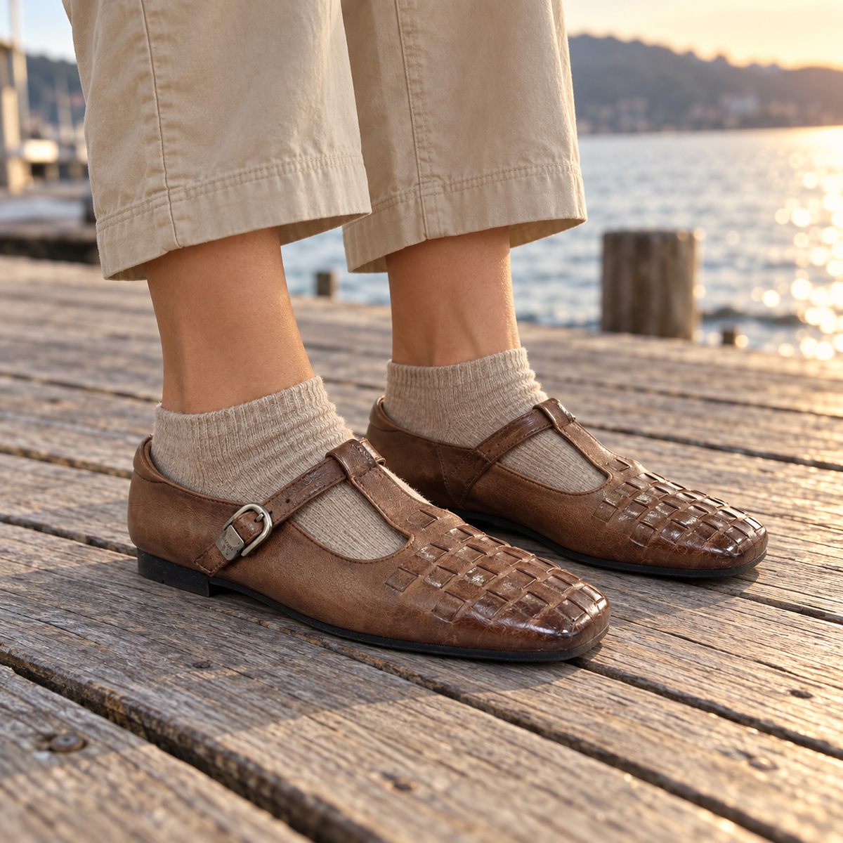Brown Horse Leather Woven Mary Jane Flats on foot