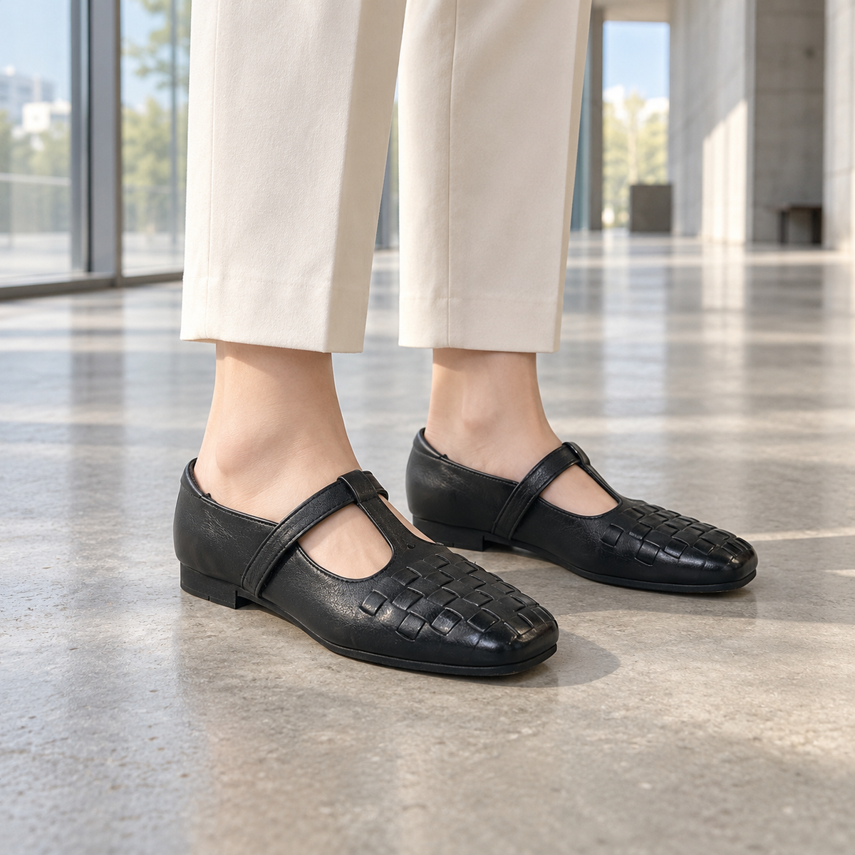 Black Horse Leather Woven Mary Jane Flats on foot