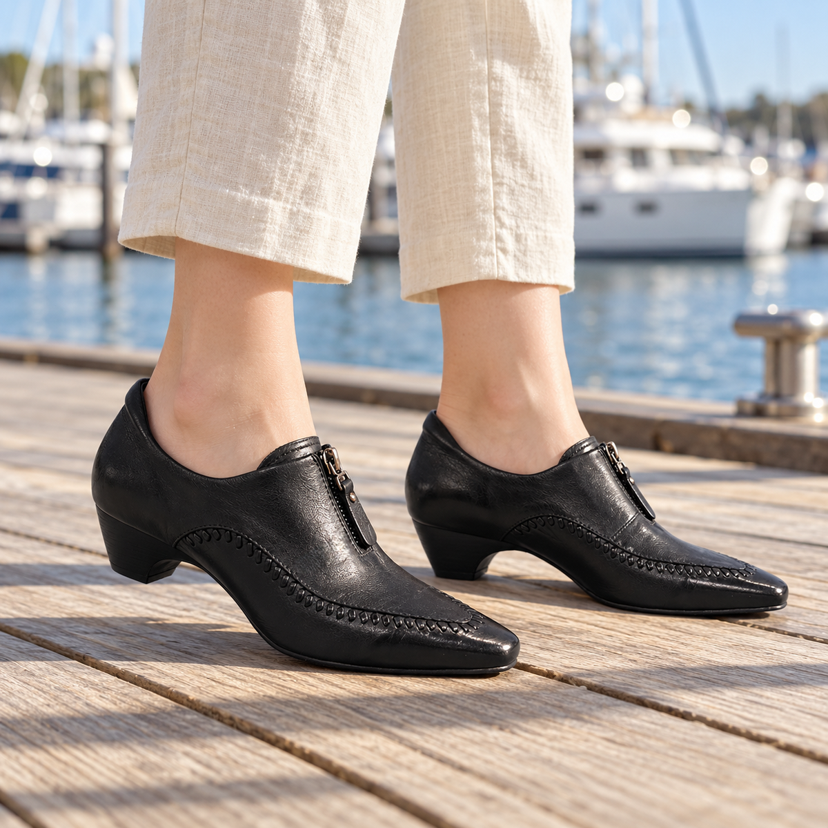 Black Washed Cowhide Zip-Front Whipstitch Shoes