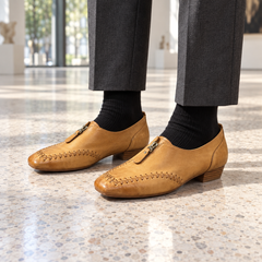 Tan Horse Leather Zip-Front Whipstitch Shoes on foot