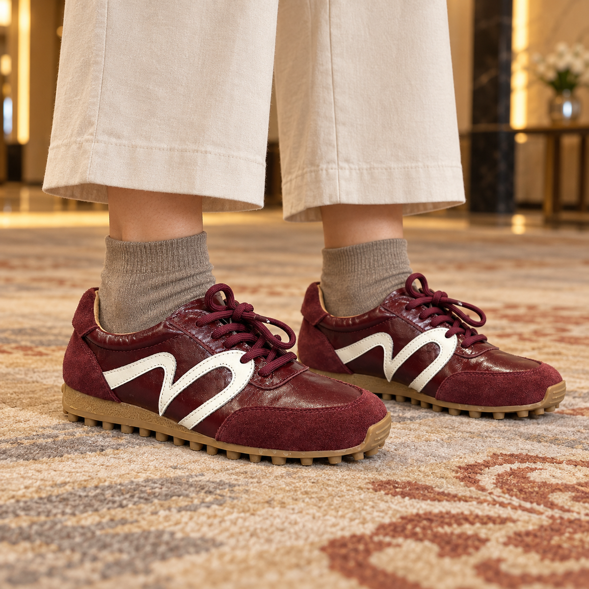 Burgundy Horse Leather Retro Lace-Up Sneakers on foot