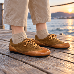 Tan Horse Leather Low-Profile Lace-Up Sneakers on foot