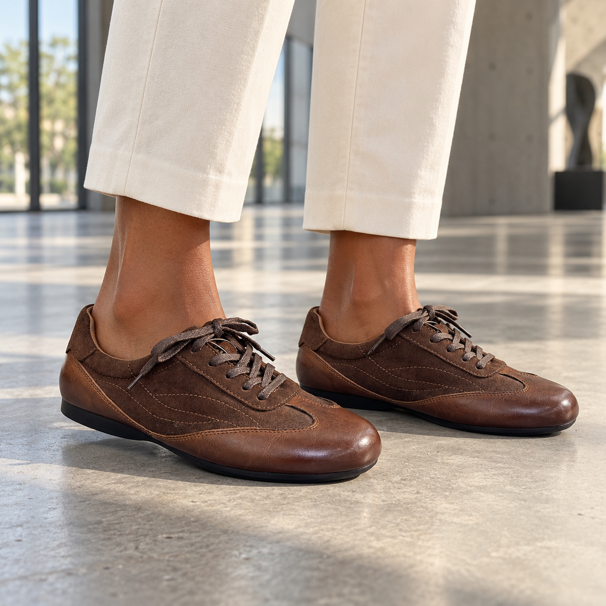 Brown Horse Leather Low-Profile Lace-Up Sneakers on foot