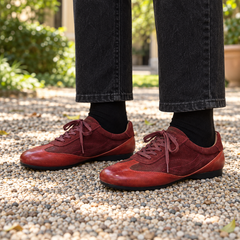 Burgundy Horse Leather Low-Profile Lace-Up Sneakers on foot