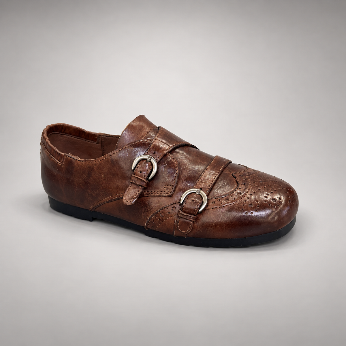 Brown Horse Leather Double-Buckle Brogue Shoes product view 1