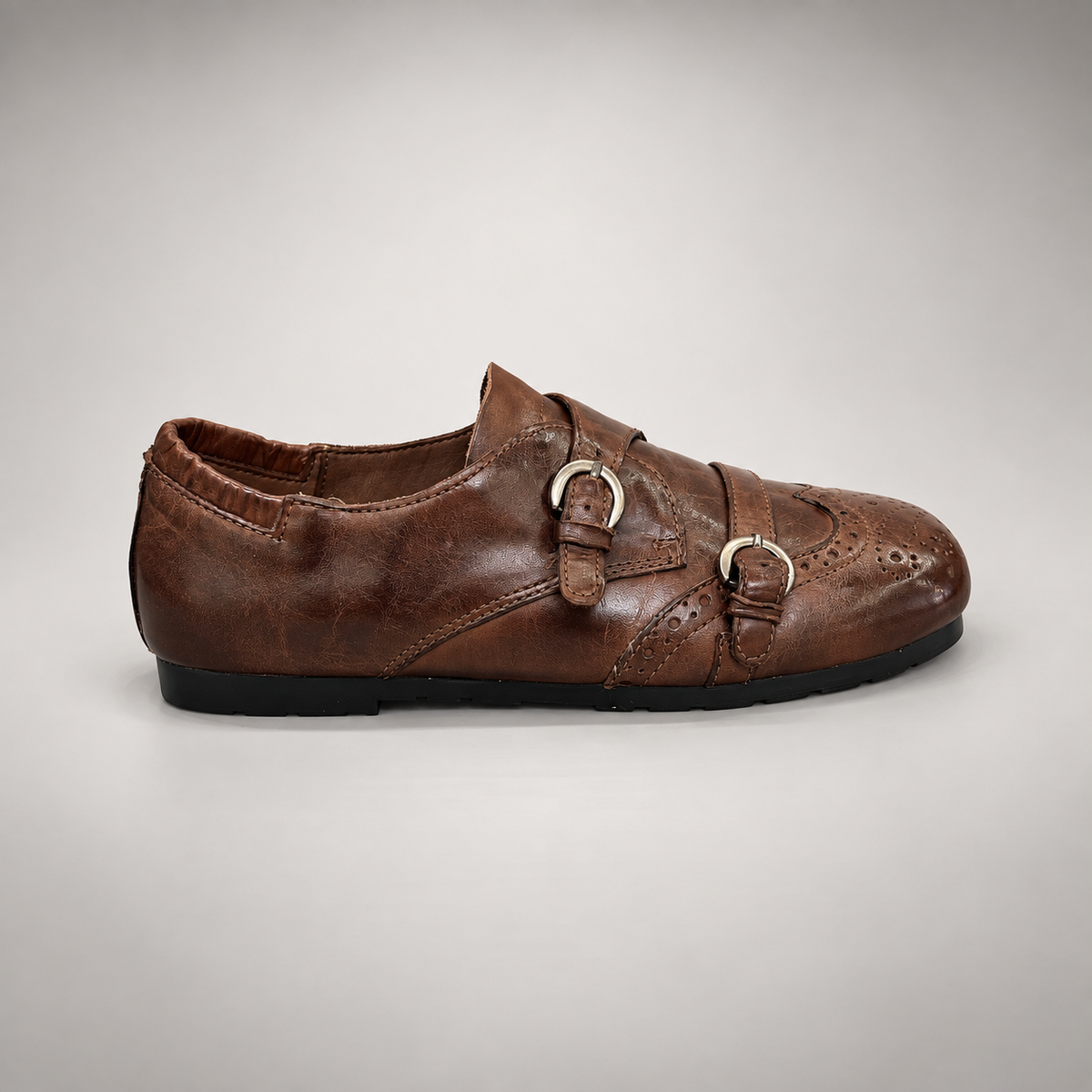 Brown Horse Leather Double-Buckle Brogue Shoes product view 3