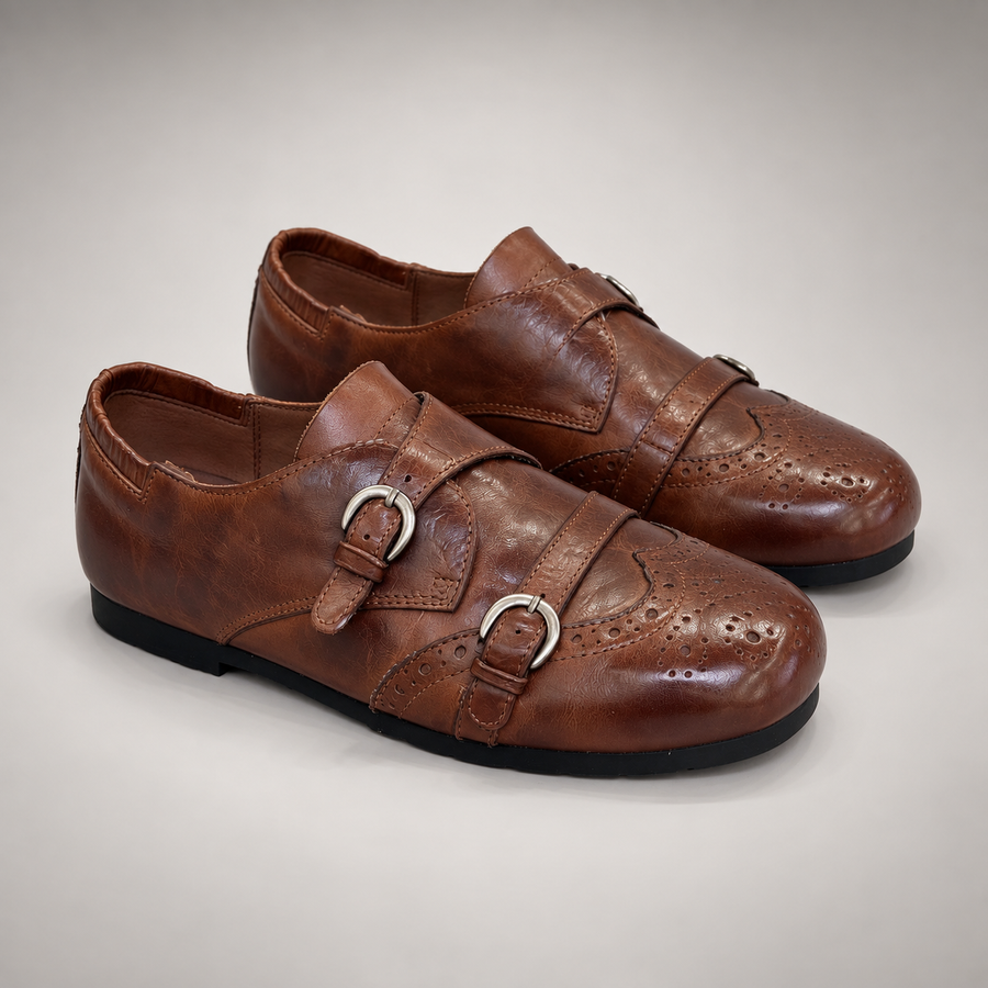 Brown Horse Leather Double-Buckle Brogue Shoes product view 7