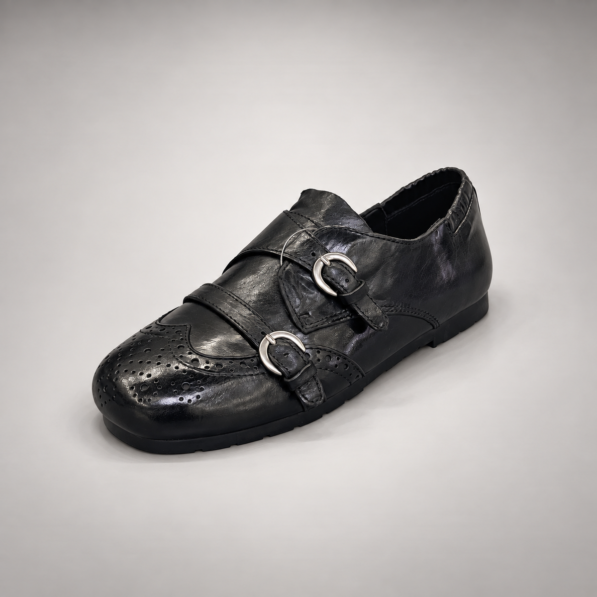 Black Horse Leather Double-Buckle Brogue Shoes product view 3
