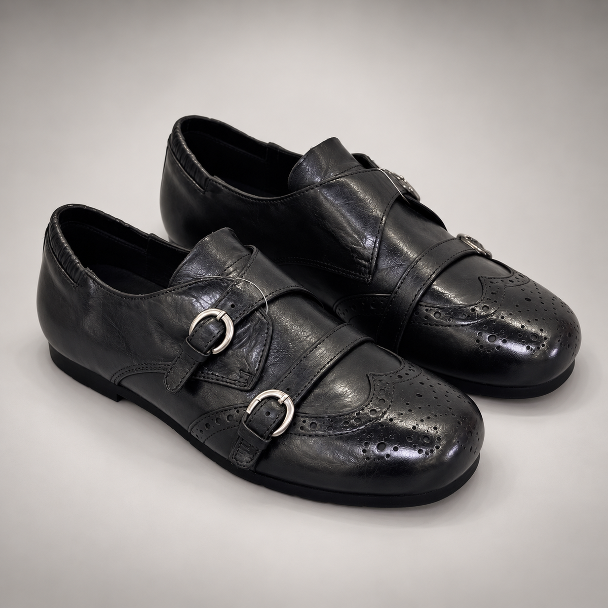 Black Horse Leather Double-Buckle Brogue Shoes product view 8