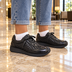 Black Horse Leather Woven Lace-Up Sneakers on foot