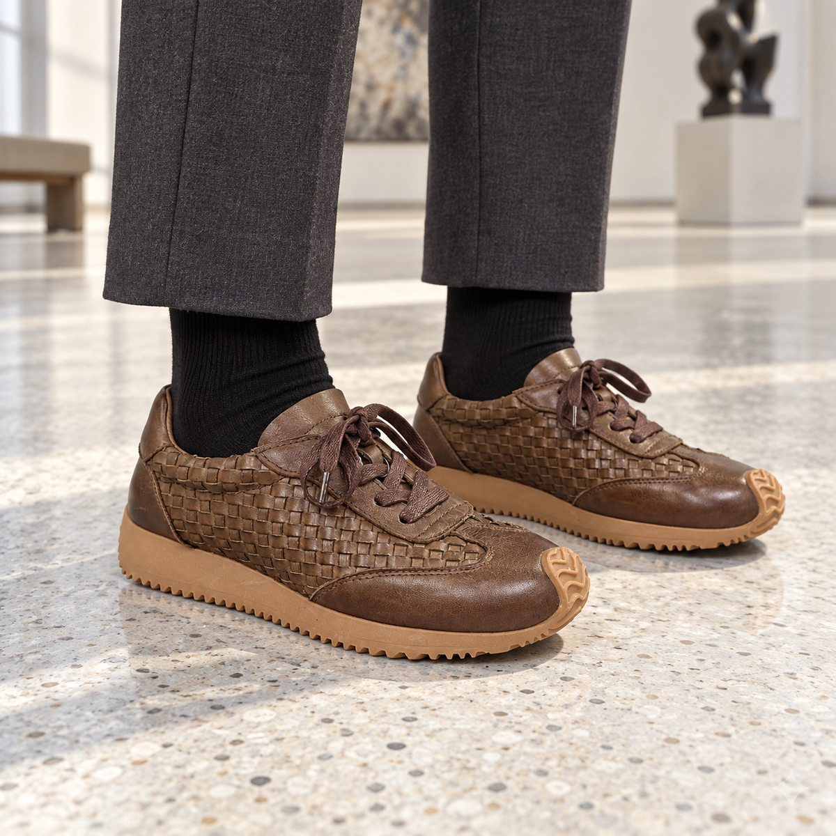 Brown Horse Leather Woven-Panel Lace-Up Sneakers on foot