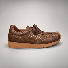 Brown Horse Leather Woven-Panel Lace-Up Sneakers product view 3