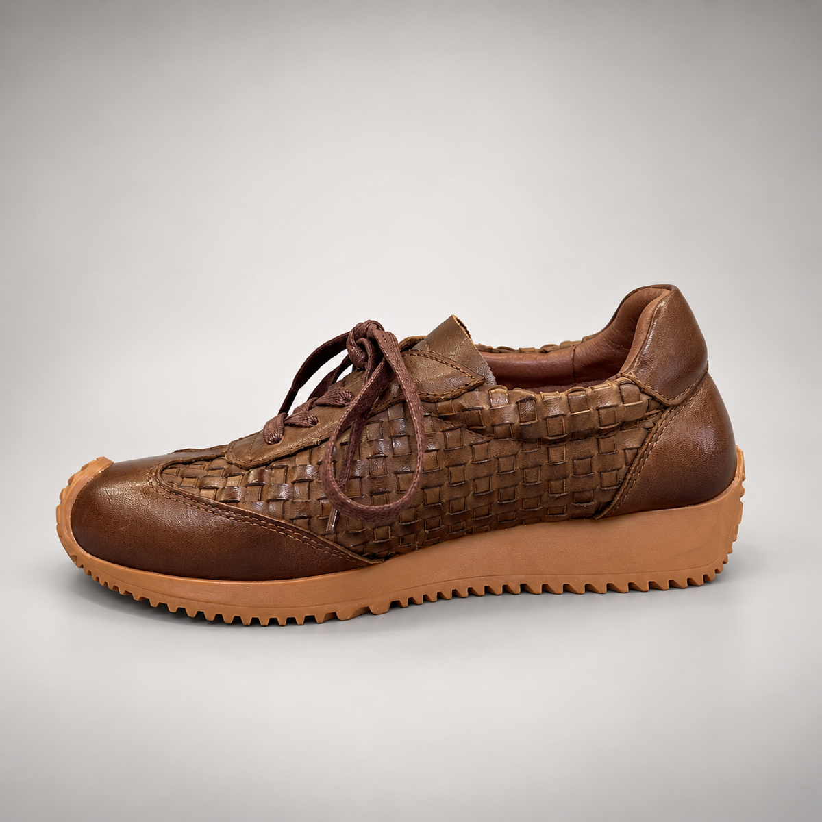 Brown Horse Leather Woven-Panel Lace-Up Sneakers product view 4