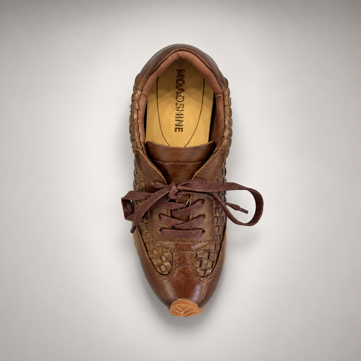 Brown Horse Leather Woven-Panel Lace-Up Sneakers product view 7
