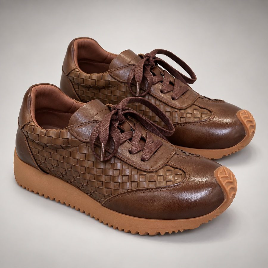 Brown Horse Leather Woven-Panel Lace-Up Sneakers product view 8