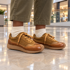 Tan Horse Leather Retro Lace-Up Sneakers on foot
