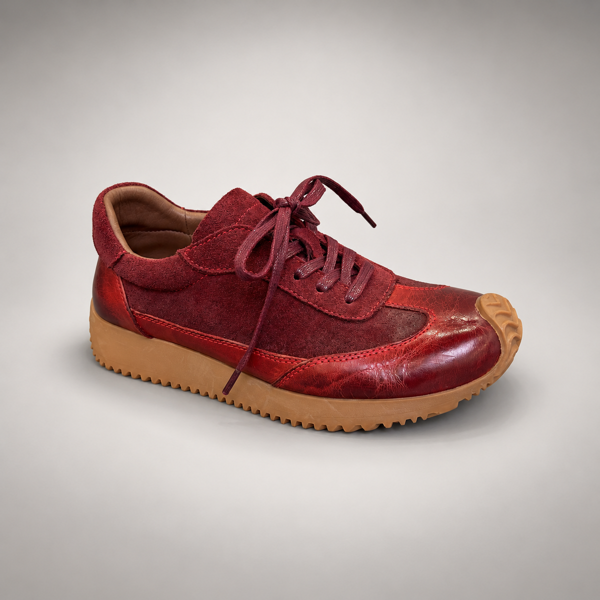 Burgundy Horse Leather Retro Lace-Up Sneakers product view 1