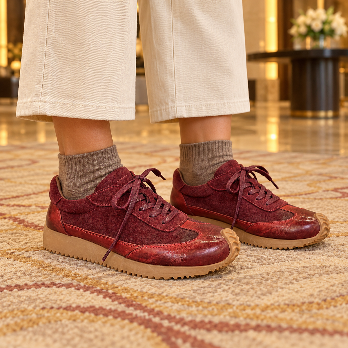 Burgundy Horse Leather Retro Lace-Up Sneakers on foot