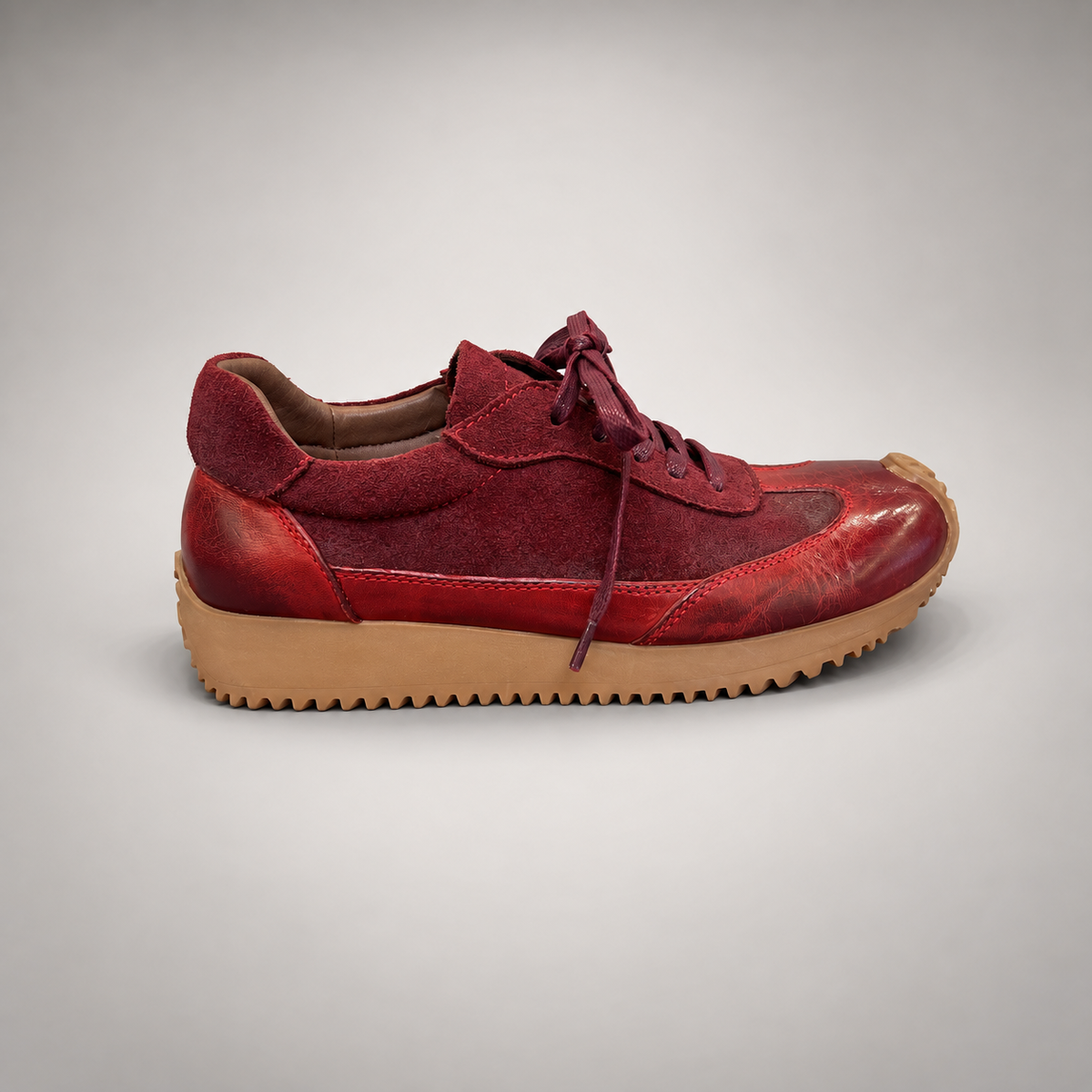 Burgundy Horse Leather Retro Lace-Up Sneakers product view 3