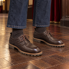 Brown Horse Leather Woven-Panel Lug-Sole Derby Shoes on foot