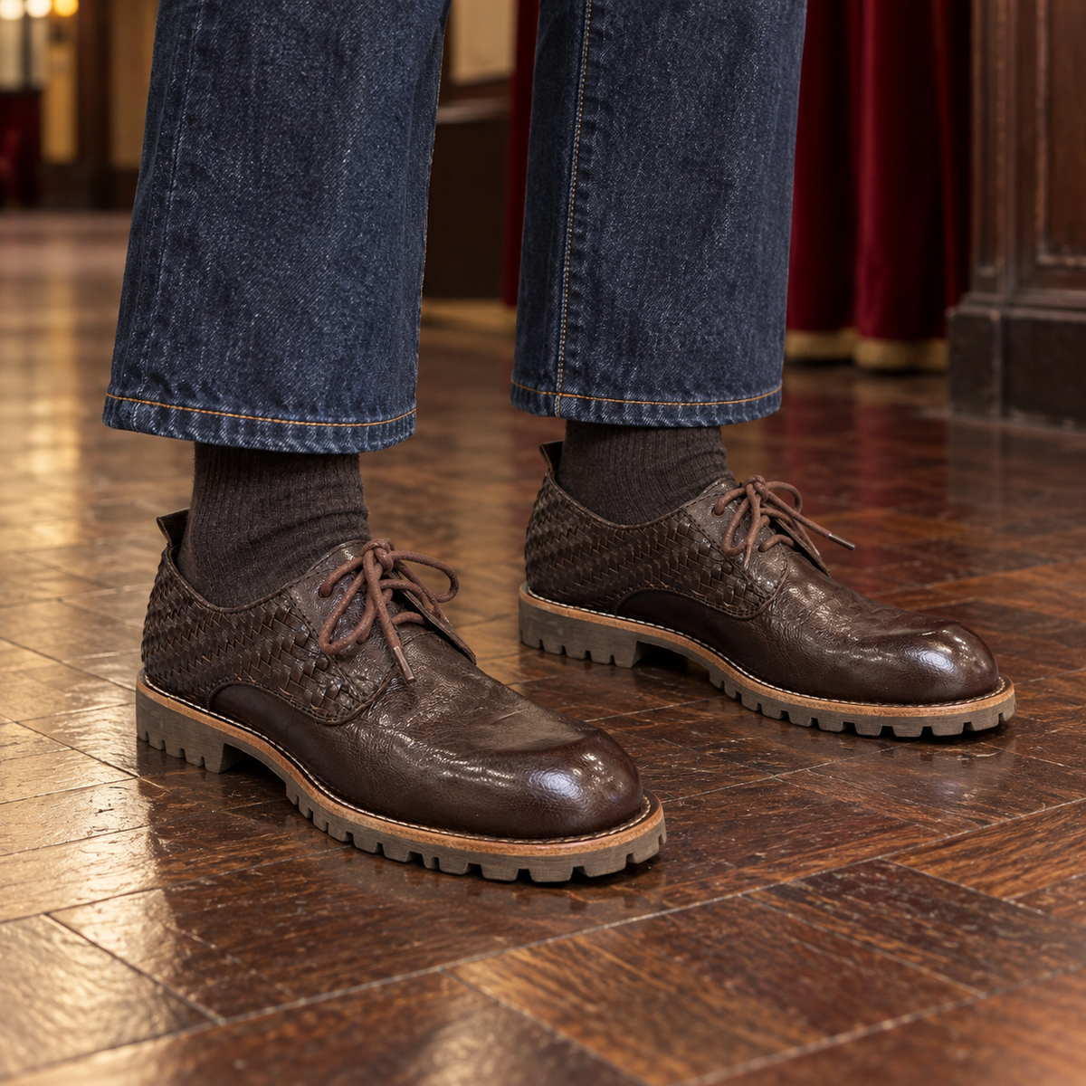 Brown Horse Leather Woven-Panel Lug-Sole Derby Shoes on foot