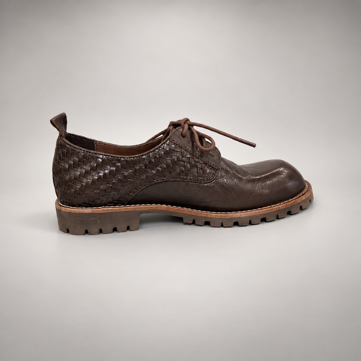 Brown Horse Leather Woven-Panel Lug-Sole Derby Shoes product view 3