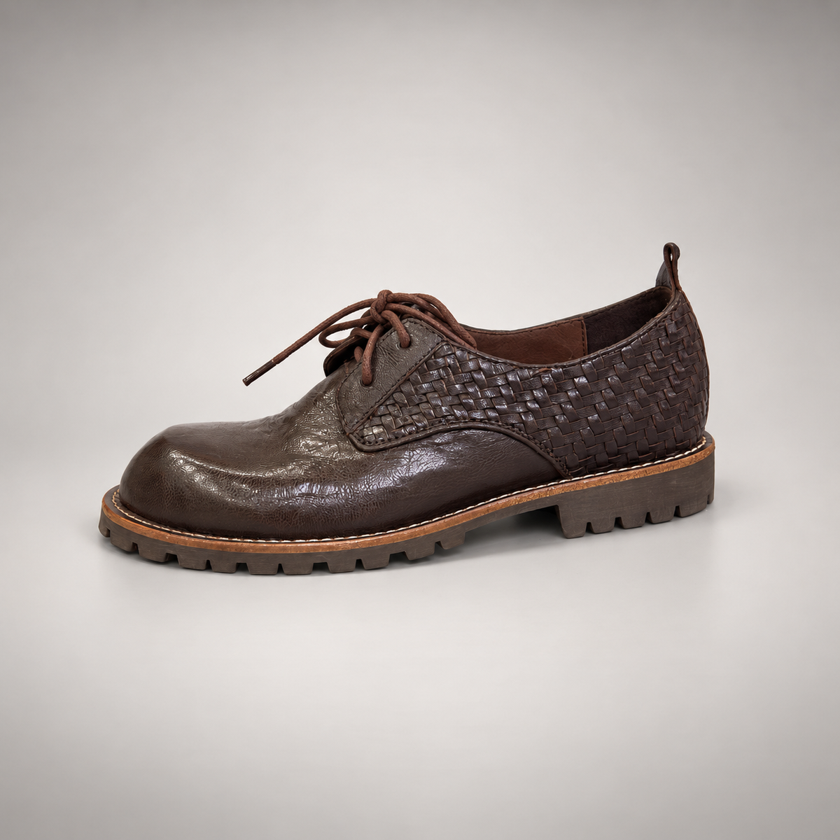 Brown Horse Leather Woven-Panel Lug-Sole Derby Shoes product view 4