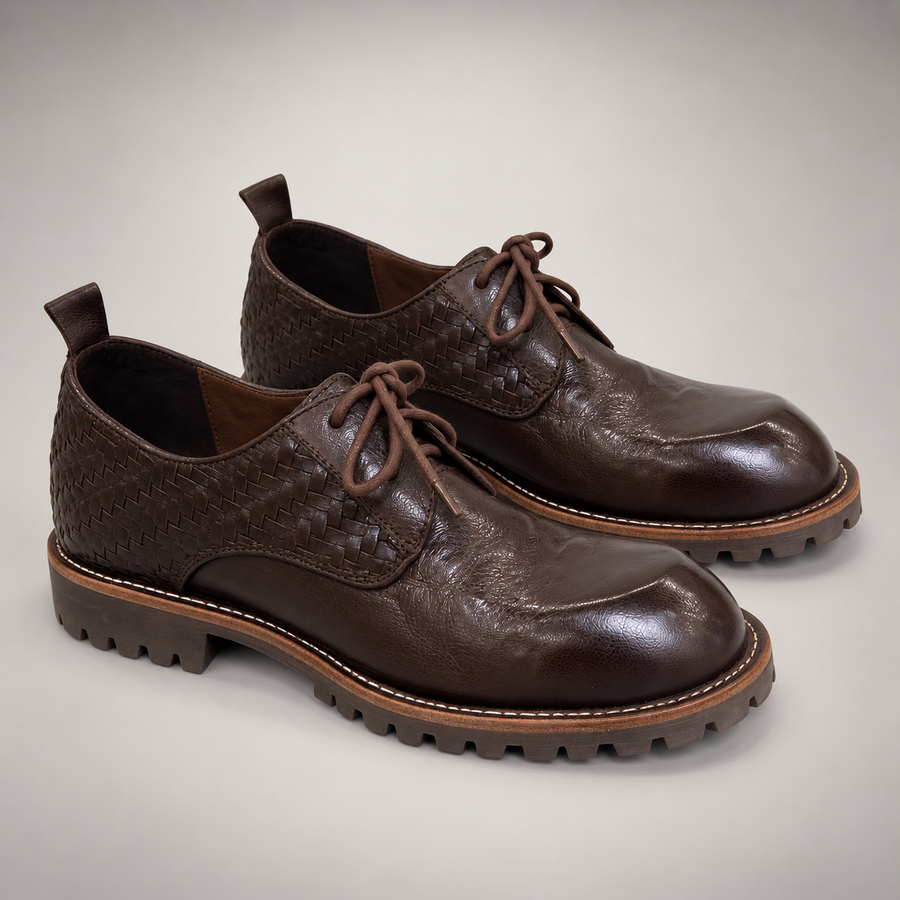 Brown Horse Leather Woven-Panel Lug-Sole Derby Shoes product view 8