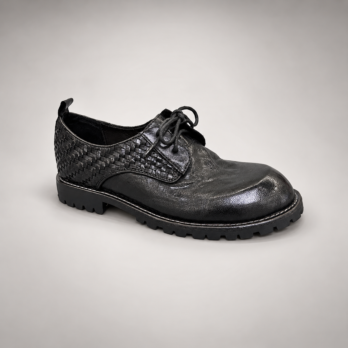 Black Horse Leather Woven-Panel Lug-Sole Derby Shoes product view 1