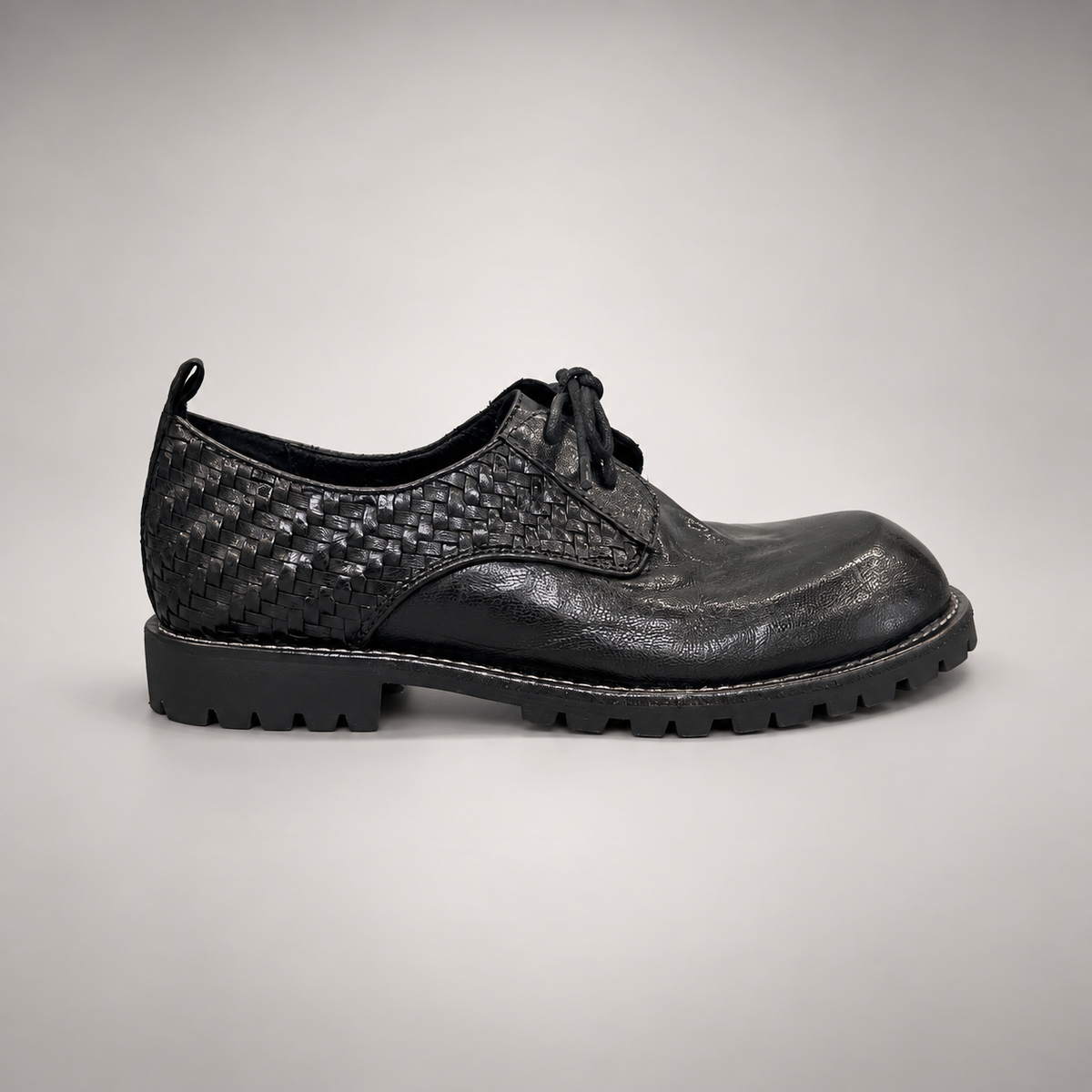 Black Horse Leather Woven-Panel Lug-Sole Derby Shoes product view 3