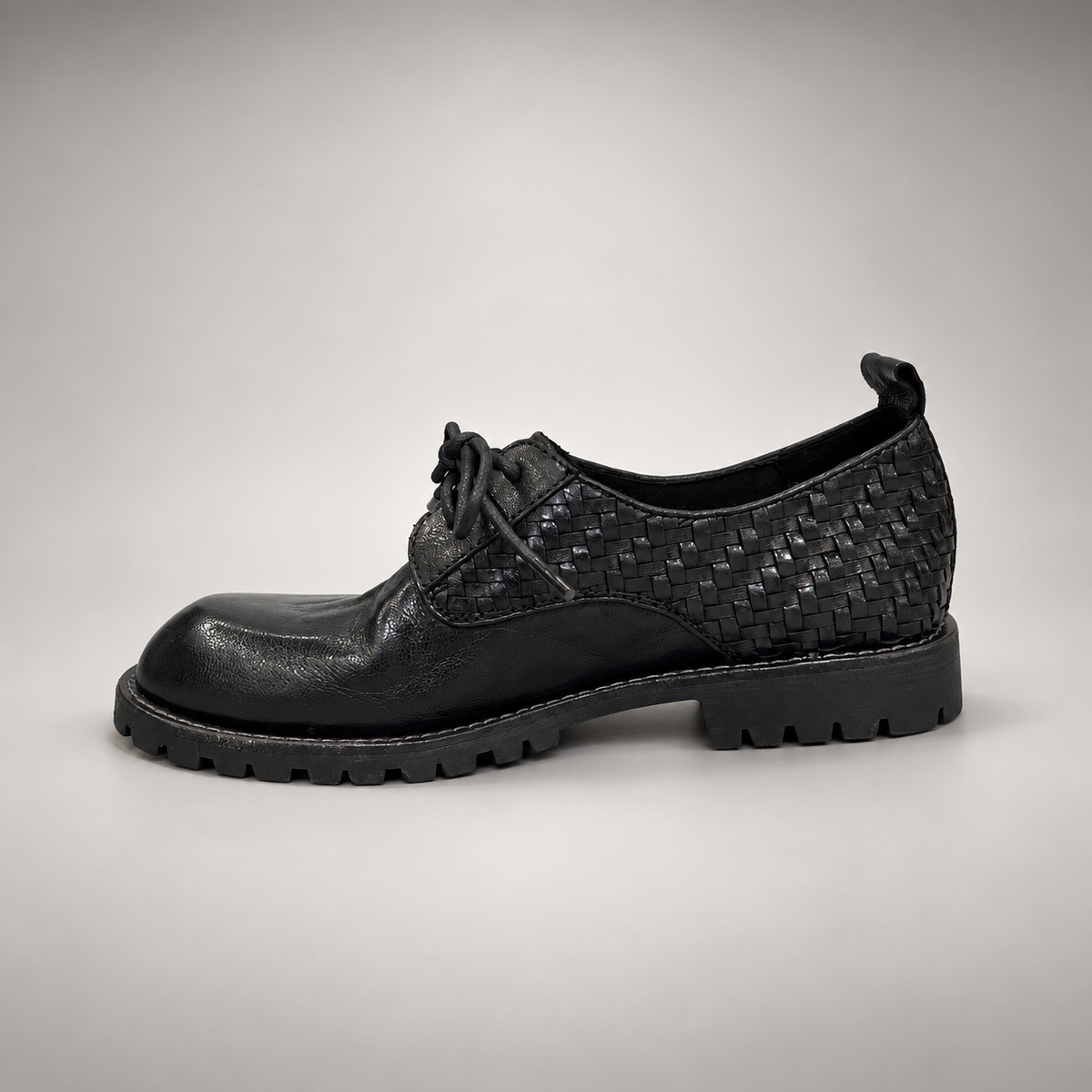 Black Horse Leather Woven-Panel Lug-Sole Derby Shoes product view 4