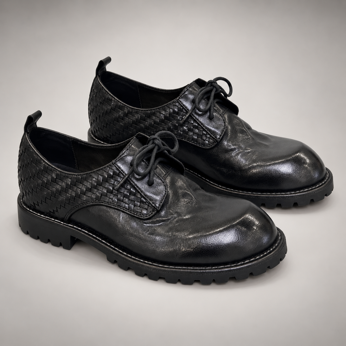 Black Horse Leather Woven-Panel Lug-Sole Derby Shoes product view 8