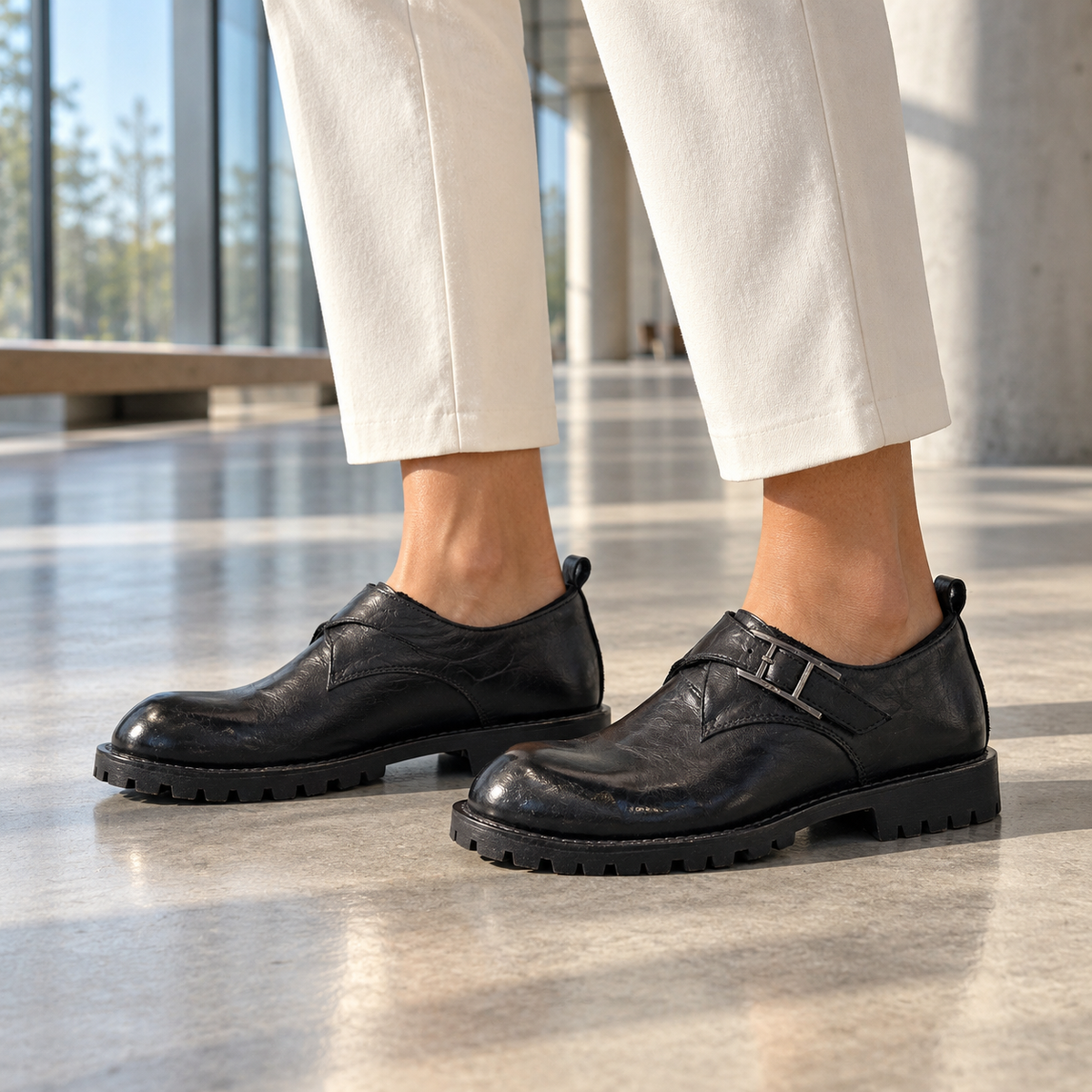 Black Horse Leather Lug-Sole Slip-On Shoes on foot