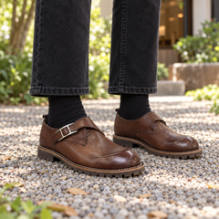 Brown Horse Leather Buckle Lug-Sole Shoes on foot