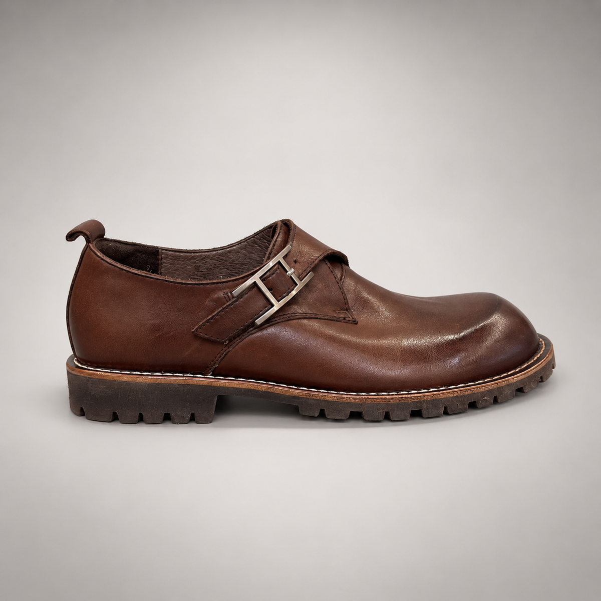 Brown Horse Leather Buckle Lug-Sole Shoes product view 3