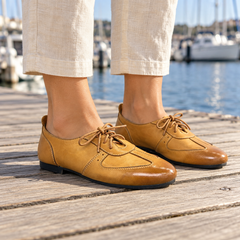 Tan Horse Leather Low-Profile Lace-Up Shoes on foot