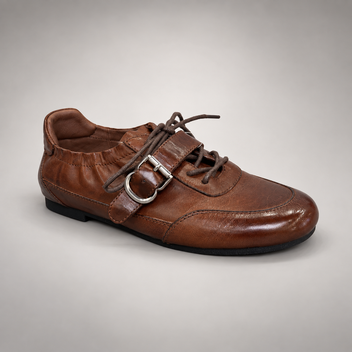 Brown Horse Leather Buckle-Strap Lace-Up Shoes product view 1